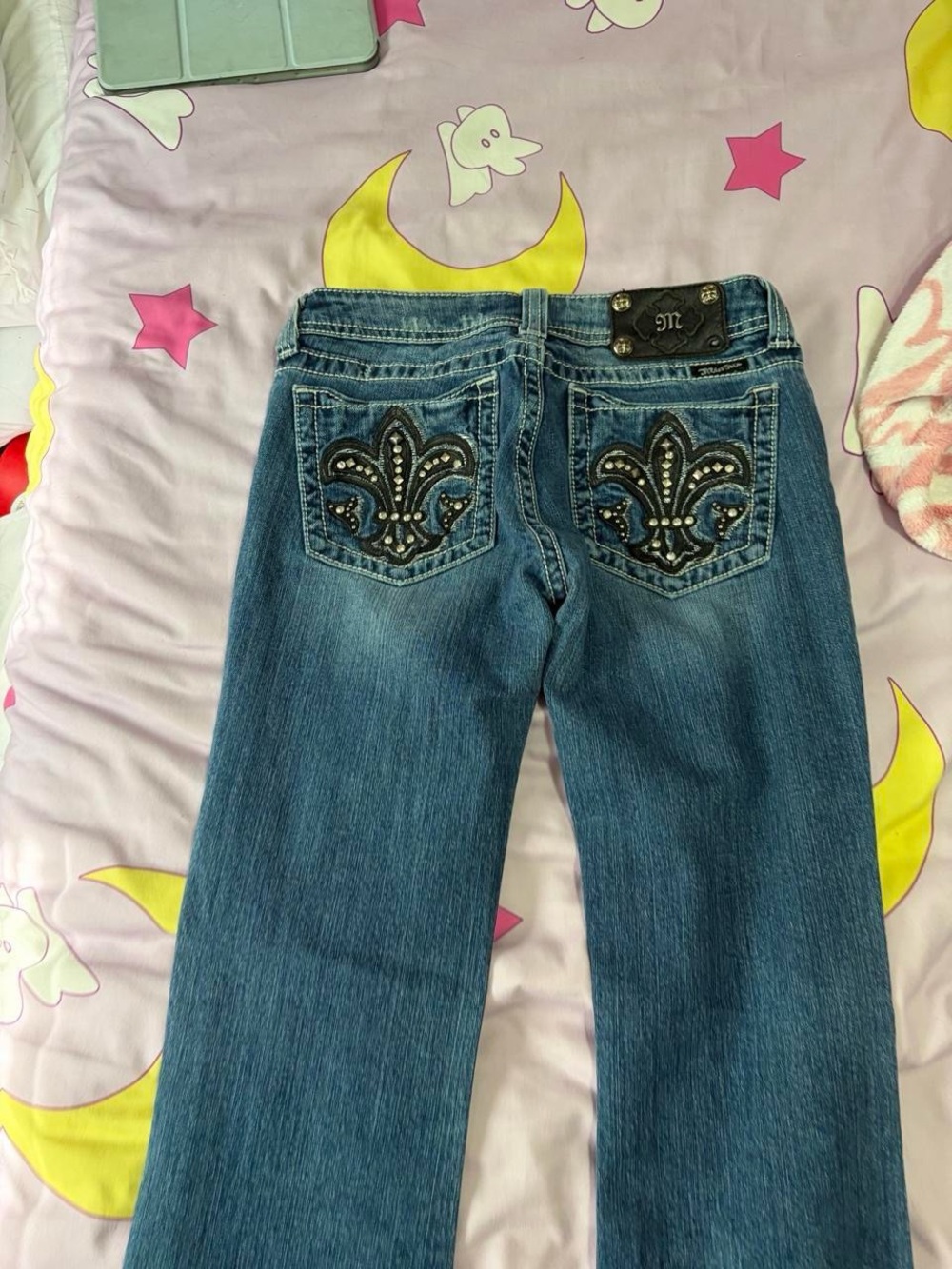 Embellished Womens BootCut Jeans with Fleur-de-Lis Studded Backbling